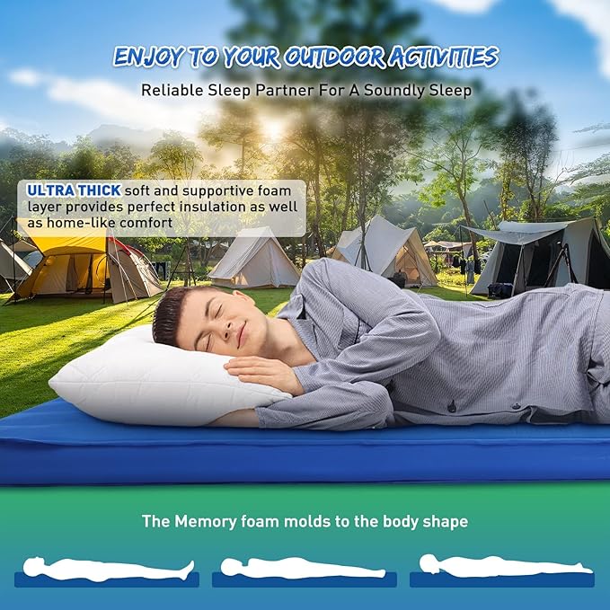 Buheco Sleeping Pad for Camping, Self-Inflating 9.5 R Value 3" Ultra-Thick Memory Foam Comfort Plus Camping Mats for Backpacking Travelling & Hiking Portable Air Mattress for 4-Season Blue