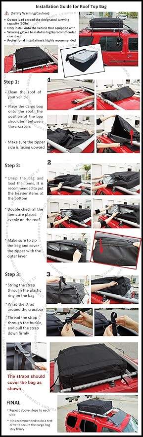 Waterproof Rooftop Cargo Bag All Weather Roof Rack Carrier Heavy Duty Cross Bars Adjustable Strap 55" W x 35" D x 15" H Soft Car Foldable Luggage Storage Universal Fit SUV Trunk Pickup Truck Bed