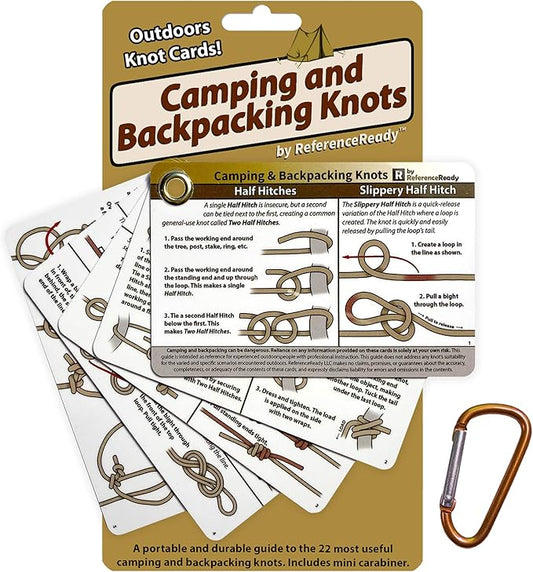 ReferenceReady Outdoor Knots Pocket Guide - Waterproof Knot Tying Cards with Mini Carabiner, 22 Rope Knots for Camping, Backpacking, Scouting and Bushcraft
