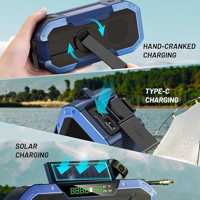 Emergency Radio Waterproof Bluetooth Speaker,Portable AM FM Radio with 5000mAh/18500mWh Cell Phone Charger,Flashlight,Reading Lamp,Hand Crank NOAA Weather Radio with Solar Panel,Emergency Survival Kit