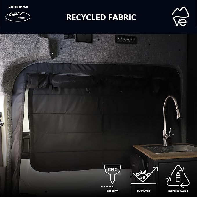 VanEssential Insulated Stealth Blackout Window Cover Designed for Ford Transit High/Medium Roof Sliding Door Window - Black