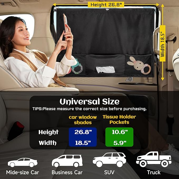 Car Window Shades, 2 Pcs 5 Suction Cups Car Sun Shade for Baby with Car Tissue Holder & Storage Net Pocket for Heat/UV Protection Sun Block Covers, Car Camping Accessories