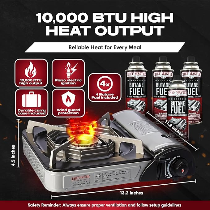 Chef-Master 90011 Butane Countertop Stove, 10 000 BTU Portable with Carry Case, High Performance, Piezo Ignition, Brass Burner, Safety Stop