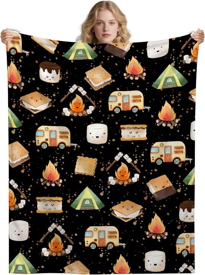 Cute S'Mores Flannel Blanket | Ultra Soft Roasted Marshalows Throw for Couch/Sofa/Travel/Camping | Camping Blanket Gifts for Camper Lover Decor - 60"x80"-Adults/Twin Size