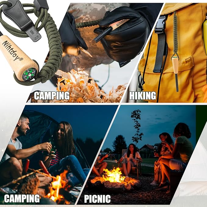 Ferro Rod Fire Starter Kit – Carbon Steel Striker & Compass-Integrated Hardwood Handle | Flint and Steel Survival Tool for Camping, Hiking, Bushcraft & Emergency