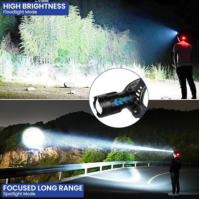 azamine LED Headlamp Rechargeable, 99000 Lumens Bright Head Lamp Βattery Include, 90° Adjustable Head Lights for Forehead with 3 Modes, Long Runtime & Waterproof Headlamps for Adults Camping Hiking