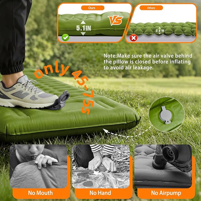 Camping Sleeping Pad, Extra Thick 5.1 Inch Self Inflating Camping Pads with Ultralight Sleeping Bag Liner, Camping Mat with Pillow & Foot Pump for Outdoor Hiking, Backpacking, Travel (Green)