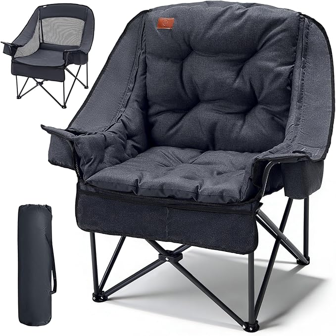 EVER ADVANCED XL Camping Chair with Detachable Cushion, Mesh Chair for Adults Foldable, Oversized Heavy Duty Folding Chair with Cooler Mesh Pocket Cupholder Outdoor Fishing, Supports 400LBS Black