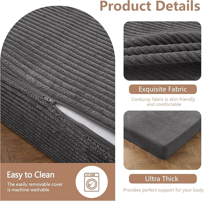 BYBYME Corduroy Tri-Folding Mattress, 6 Inch Gel Folding Mattress Topper, Foldable Soft Guest Bed Camping Pad, Washable Cover (Dark Gray, Full)