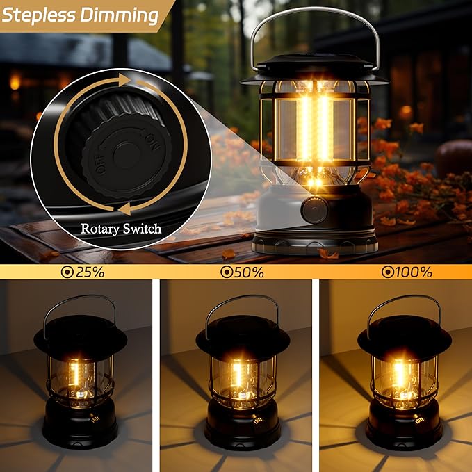 LED Solar Camping Lanterns,1500LM Step-Less Dimming,Retro Battery 2600Amh Powered USB Rechargeable Tent Lights,Portable Flashlight for Power Outages Emergency Hiking Hurricane 3Pack Black