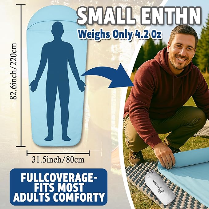 JIUSAIRUI 4.2oz Ultralight Sleeping Bag Liner – No Zipper Portable Travel Sheet, Quick-Dry & Machine Washable,Ideal for Camping, Hotels, Backpacking,Hostels