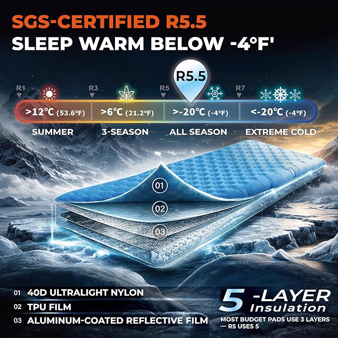 Trekology Insulated Sleeping Pad Backpacking Ultralight - SGS-Certified 5.5 High R Value Mat, 4" Thick 75x25” Wide Rectangular Mattress for Camping, 150kg Capacity, 28oz, ALUFT R5