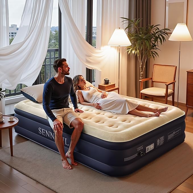 SENNOUL Air Mattress Queen with Built in Pump, Inflatable Mattress Blow Up Mattress 16 Raised Comfort,Upgraded Surface Portable Bed, Air Bed for Home, Guest, Camping, Colchone Inflable, 650 lbs