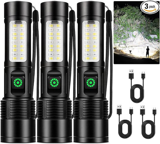 NiaoChao Rechargeable LED Flashlights High Lumens, 99000 Lumens Super Bright Flashlight with 6 Modes, Waterproof Powerful Flash Light Multifunctional Flashlights for Home Camping Hiking(3 Pack)