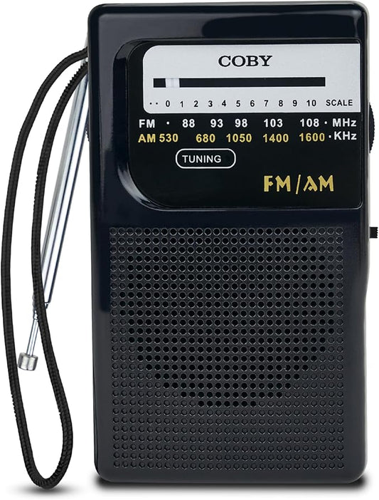 Coby Portable AM/FM Radio – Retro Battery Operated Pocket Radio with Powerful Speakers, Long 800-Hour Battery, Clear Reception, Emergency & Travel Transistor Device for Home or Outdoors