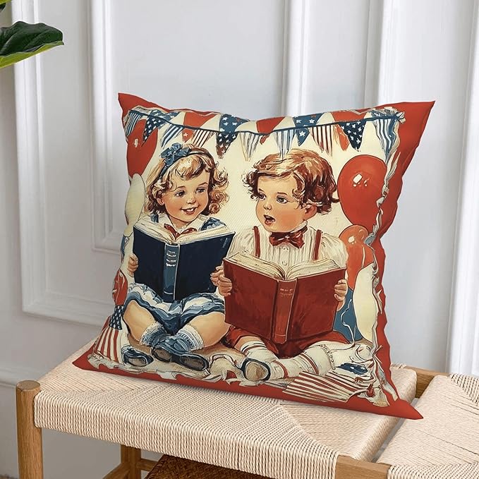 4th of July Patriotic Vintage Throw Pillow Covers 18 X 18 Inch Set of 4 Decorative Cushion Cover Home Decor for Sofa Chair Couch Bedroom Living Room
