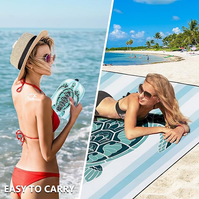 HIHOHO Beach Blanket Waterproof Sandproof Beach Mat 79”x 83” for 1-8 Adults Quick Drying Durable Outdoor Picnic Mat for Beach Festival Travel Camping Hiking (GN-Stripes Seaturtle, 79"×83"(4 Person))
