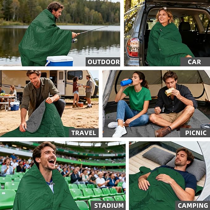 Large Outdoor Waterproof Blanket Extra Thick Fleece Stadium Blanket for Camping, Car, Pet, Picnics - Windproof, Wearable, Machine Washable 80" x 58" (Green,Hooded)