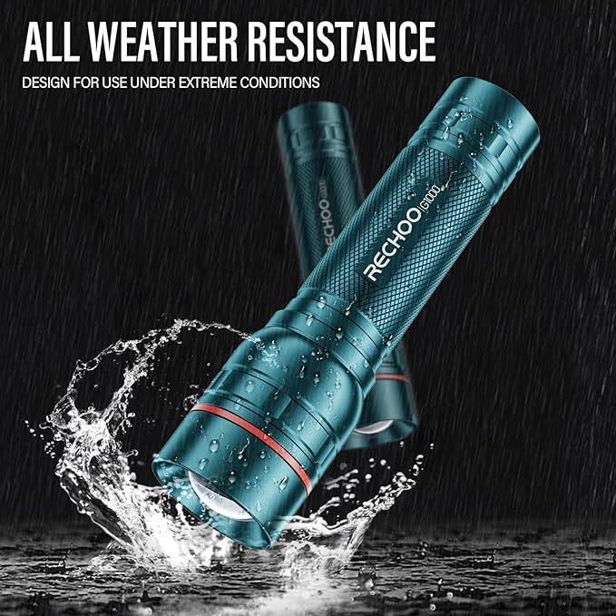 RECHOO Rechargeable Flashlight 1 Pack, Bright Military Grade Torch Light High Lumens with Adjustable Focus & 3 Lighting Modes, Lightweight Waterproof Led Flashlight for Camping Home, Teal Blue
