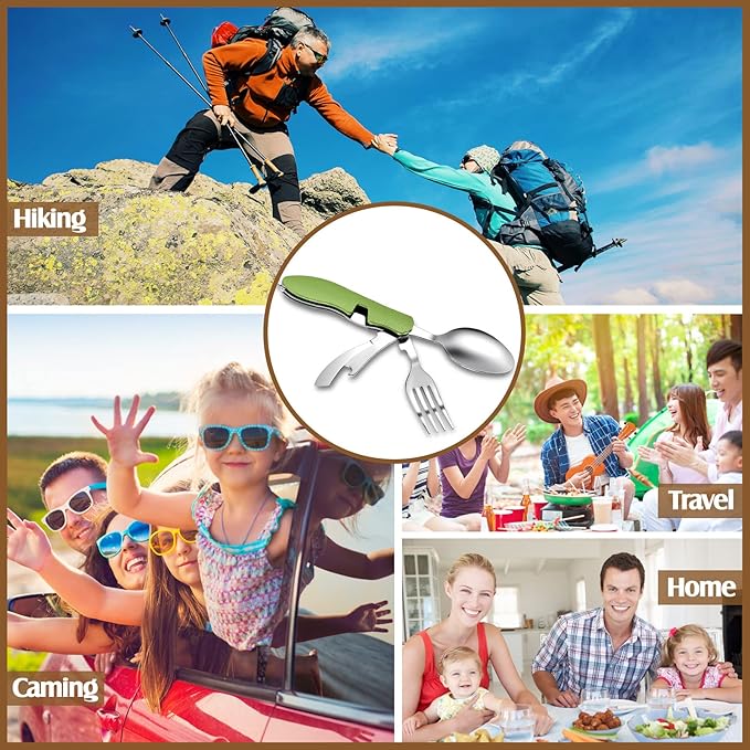 Folding Camping Utensil Set – Stainless Steel Spoon, Fork, Knife & Bottle Opener – Portable Outdoor Tableware, Backpacking Cutlery in Red, Green, Blue, Black, Gold(5 Pcs)
