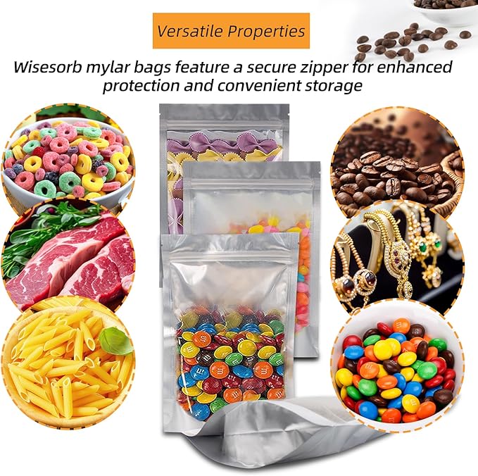 Wisesorb 1 Quart 240 Packs Mylar Bags For Food Storage, 7"x 10" Mylar Bags With Window, Freeze Dried Candy Bags, Reusable Storage Bags For Food, Mylar Food Storage Bags for Long Term Food Storage