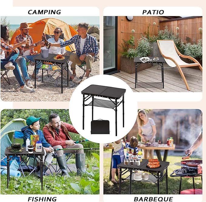 YihuiKo Folding Picnic Table with Storage Net, Matte Black Aluminum Folding Table 23.6" x 15.8", Adjustable Height Max 27.5", Lightweight Portable for Camping Travel Grill Indoor