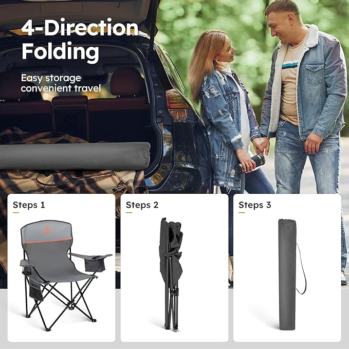 ALPHA CAMP Camping Chairs 350LBS Capacity, Heavy Duty Folding Chair with 4-Can Cooler Bag, Portable Outdoor Chair with Cup Holder for Adults, Collapsible for Tailgating, Beach, Fishing,Black,2PC