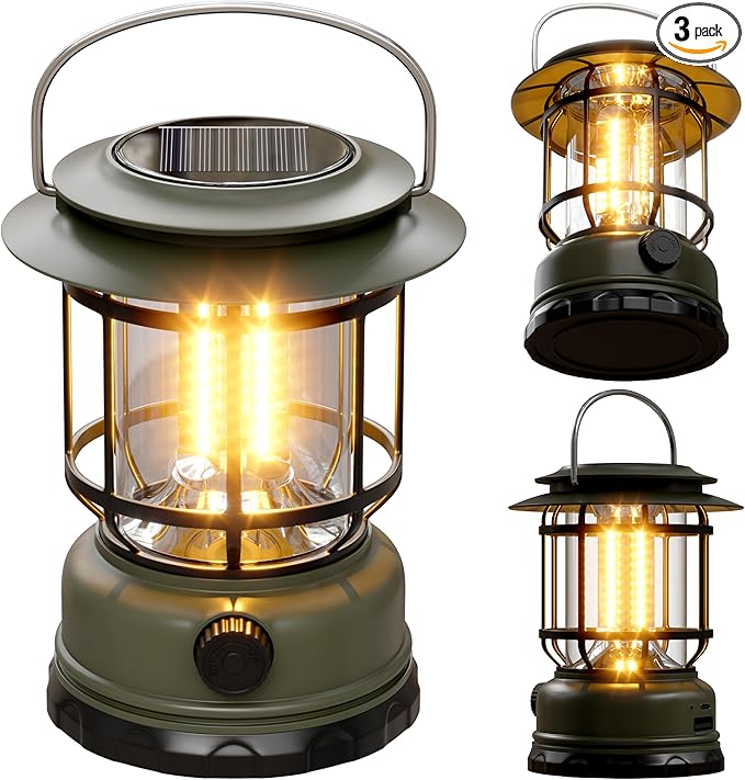 LED Solar Camping Lanterns,1500LM Step-Less Dimming,Retro Battery 2600mAH Powered USB Rechargeable Tent Lights,Portable Flashlight for Power Outages Emergency Hiking Hurricane 3Pack Green