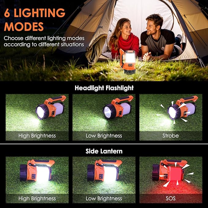BOBKID Tripod Rechargeable Camping Lantern, 6 Modes LED Flashlight Handheld Spotlight with 4000LM, IPX4 Waterproof Searchlight Work Light for Emergency Hiking Survival Kit - Orange