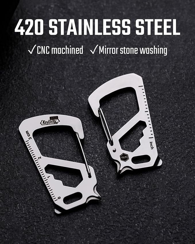 KeyUnity KS00S Carabiner Clip Multitool Stainless Steel 7 Tools in 1, Quick Release Clasp, Wrench, Cross Screwdriver, Slotted Screwdriver, Bottle Opener, Ruler, Key Holder (Silver,Small)