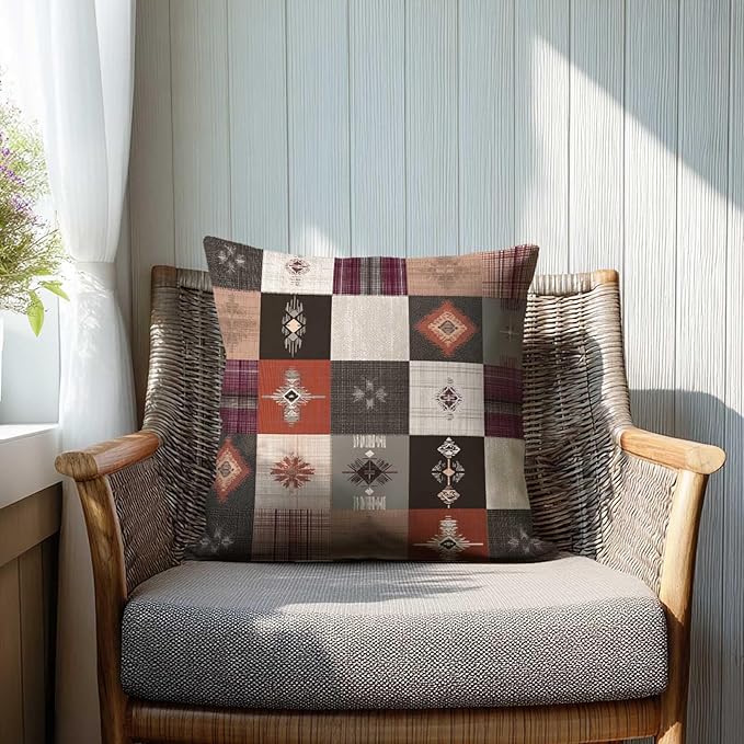 Southwestern Throw Pillow Covers 18x18 Set of 2 | Boho Tribal Patchwork Cushion Covers | Rustic Western Decorative Pillow Cases for Couch Sofa Living Room Bedroom | Bohemian Home Decor