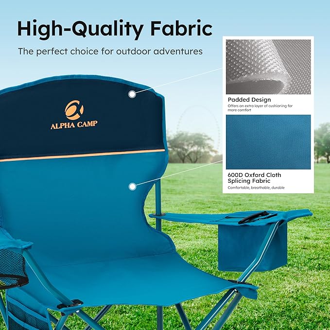ALPHA CAMP Camping Chairs 350LBS Capacity, Heavy Duty Folding Chair with 4-Can Cooler Bag, Portable Outdoor Chair with Cup Holder for Adults, Collapsible for Tailgating, Beach, Fishing,Black,2PC
