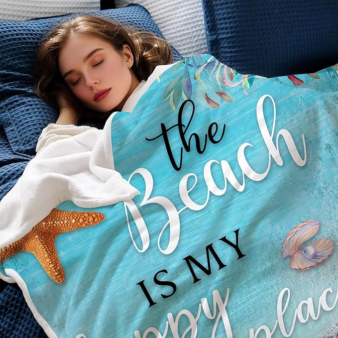 Beach Blanket, Blue Coastal Ocean Beach Throw Blanket for Couch, Bed, Summer Super Cozy Blankets Fuzzy Plush Lightweight Throw Blankets for Sofa, Bed, Living Room,50"X60"