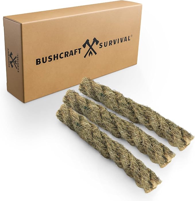 Bushcraft Survival Jumbo Jute Tinder Fire Starter Rope | 3 Pack Extra Large Natural Waterproof Kindling for Campfires | Wax Infused Cords for Camping, Hiking & Backpacking | Bushcraft Survival Tools