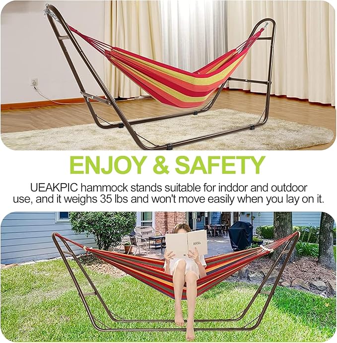 Duble Heavy Duty Steel Hammock Stand Only, 550 Pound Capacity, Portable, Easy Assembly, Adjustable for Indoor, Yard, Caping, or Outdoor, Patio(Brown)
