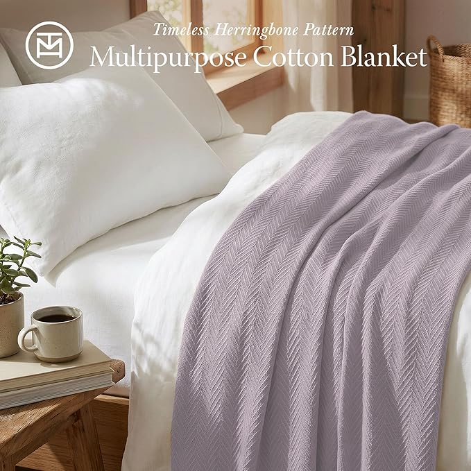 Threadmill Luxury Cotton Blankets for Twin Size Bed | All-Season 100% Cotton Twin Blanket for Bed | Herringbone Soft & Cozy Fall Thermal Blanket, 350GSM, 68x92 inches | Lilac
