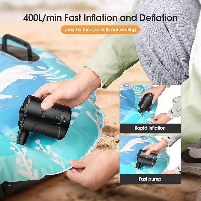 Air Pump for Inflatables,Air Mattress Pump,5200mAh Battery,Camping Essentials,Electric Air Pump,4 Air Nozzles,Fast Inflator Deflate for Inflatable mat,Air Mattresses Beds,Pool Floats,Vacuum Storage