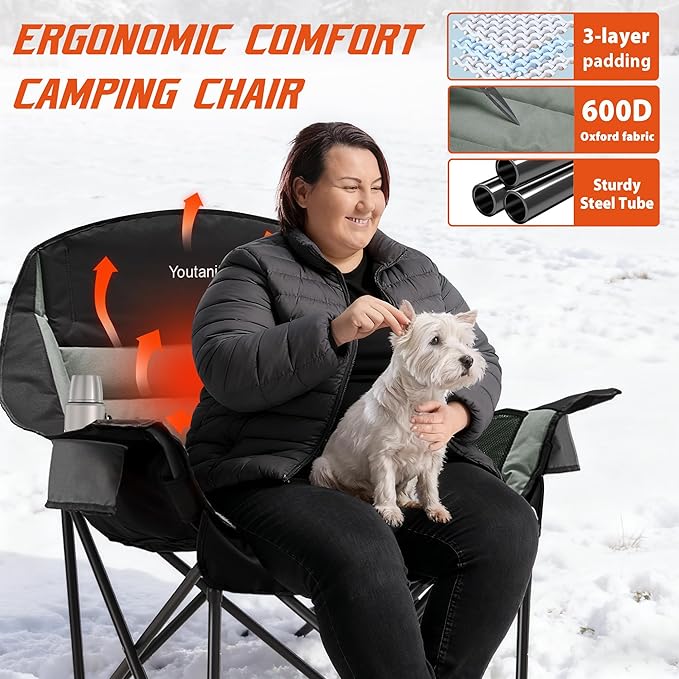Youtanic Heated Camping Chair, 3 Heat Levels Oversized Padded Lawn Chair with Side Pockets and Cup Holder, Outdoor Heating Folding Camp Chair for Adults, Fishing, Sports, Picnic, up to 500lbs, Style 1