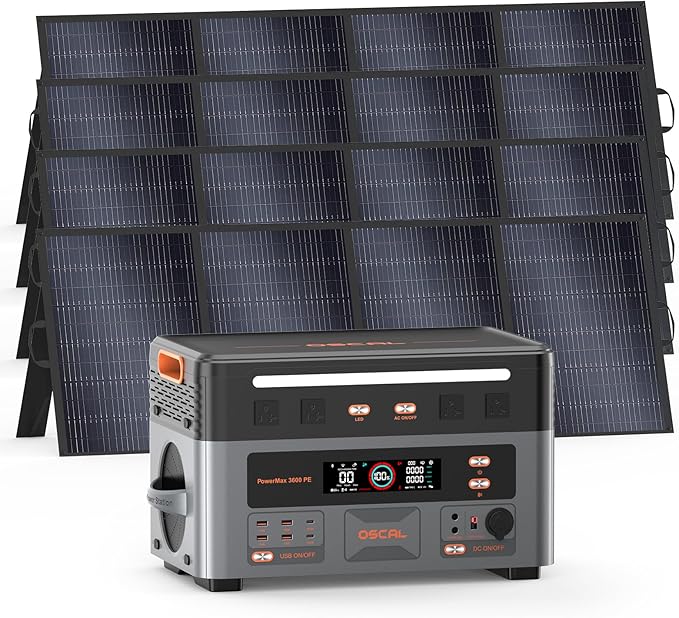 OSCAL 3600W Portable Power Station PowerMax 3600 PE with 4x400W Solar Panel, 2016Wh Solar Generator, 1500W AC Charging, LiFePO4 Battery Power Station for Home Use, Camping, RV, Emergency