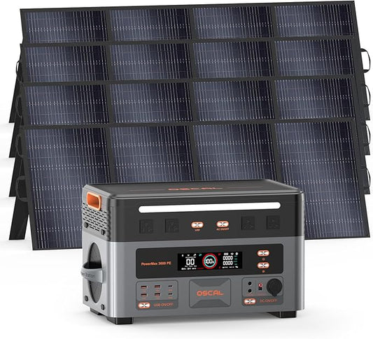 OSCAL 3600W Portable Power Station PowerMax 3600 PE with 4x400W Solar Panel, 2016Wh Solar Generator, 1500W AC Charging, LiFePO4 Battery Power Station for Home Use, Camping, RV, Emergency