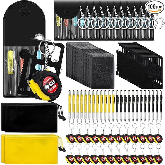 Lasnten 100Pcs Mini Tape Measure Screwdriver Keychain Set Bulk Men Gifts Multitool Pen Card Mini Tool Bag Pouch Adult Party Favors Pinata Stuffers for Men Father's Day Husband Gifts (black+yellow)