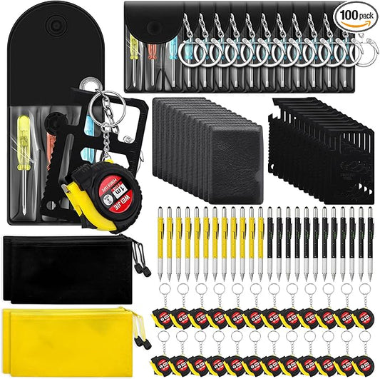 Lasnten 100Pcs Mini Tape Measure Screwdriver Keychain Set Bulk Men Gifts Multitool Pen Card Mini Tool Bag Pouch Adult Party Favors Pinata Stuffers for Men Father's Day Husband Gifts (black+yellow)