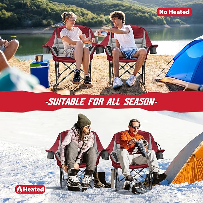 Youtanic Heated Camping Chair, 3 Heat Levels Oversized Padded Lawn Chair with Side Pockets and Cup Holder, Outdoor Heating Folding Camp Chair for Adults, Fishing, Sports, Picnic, up to 500lbs, Style 3