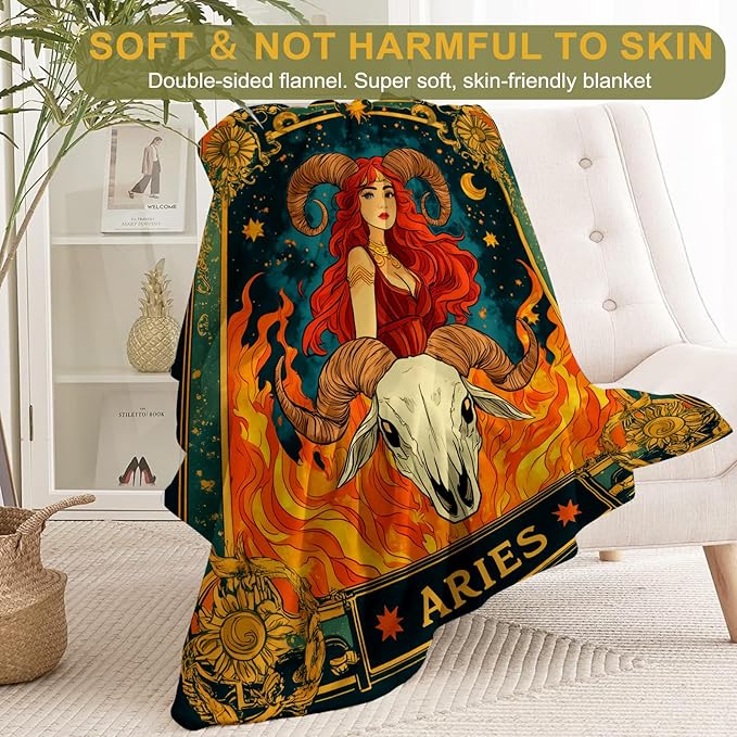 Aries Zodiac Fleece Blanket - Lightweight Soft Cozy Gifts Throw for Zodiac Lovers,Women,Men,Red-Haired Warrior Ram's Skull Tarot Blankets,Home Room Modern Artistic Bold Decor 40x50in
