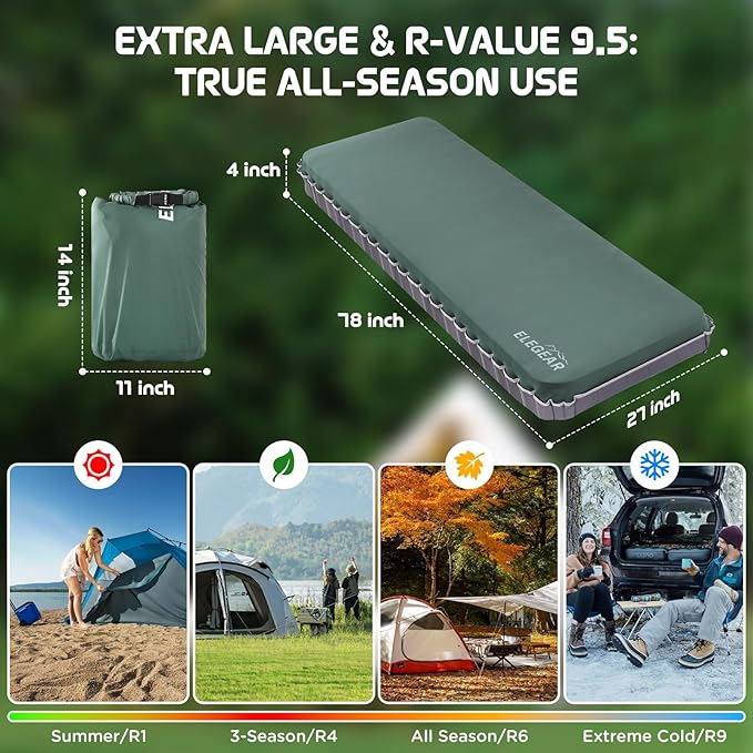 Elegear Air & Foam Self-Inflating Sleeping Pad, CumbreX™ 4" Ultra-Thick Memory Foam Camping Mattress Pad with Air Pump, Compact R-Value 9.5 4-Season Camp Mat for Travel Outdoor - Single Army Green