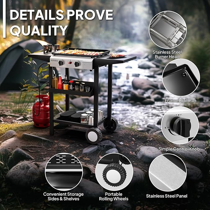 ROVSUN 2 Burner Portable Propane Griddle with Nonstick Enameled Tray, 20000 BTU Rolling Flat Top Gas Grill with Electronic Ignition, Side Shelves & Regulator for Outdoor Cooking Camping BBQ Tailgating