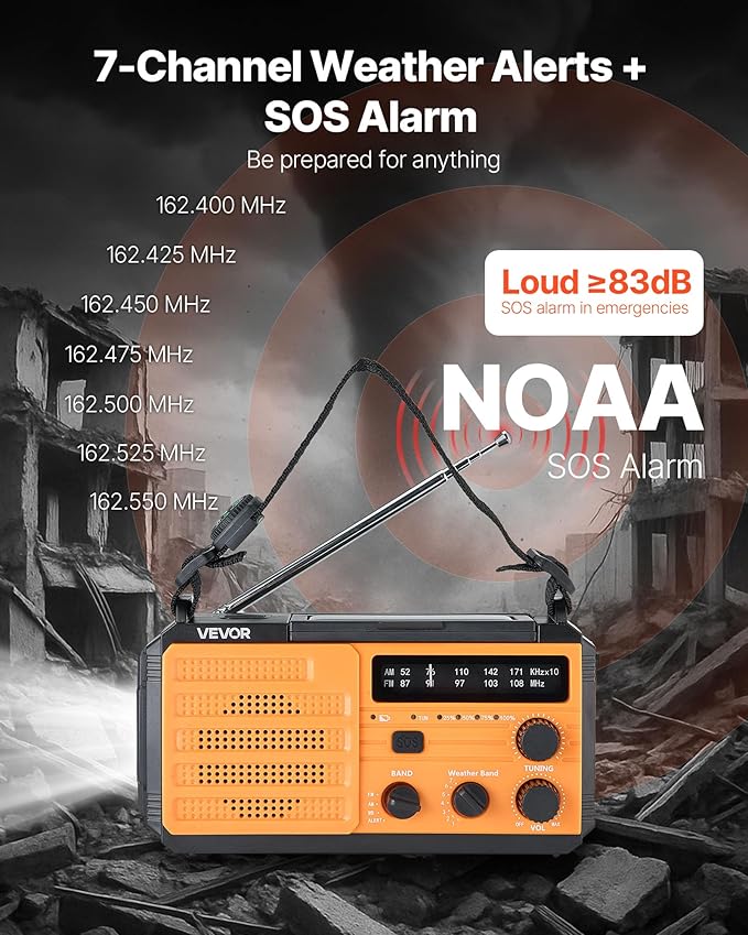 VEVOR Emergency Weather Radio, 8000mAh Battery, FM/AM/WB/NOAA Alert Solar Hand Crank Emergency Radio, Type-C Charging, USB Cable, SOS Alarm and Flashlight, Portable for Outdoor Emergencies, Camping