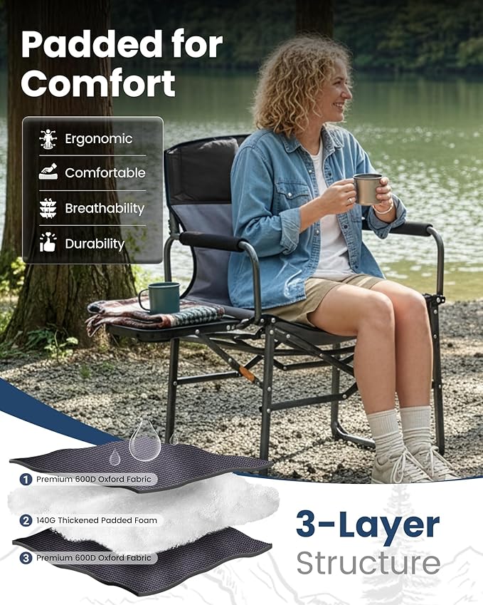 KingCamp Oversized Camping Directors Chair with Side Table, Compact Design Heavy Duty 440lbs, Folding Portable Padded Camp Chairs with Extra Wide Seat & Anti-Sag Fabric for Outdoor Fishing Sports Lawn