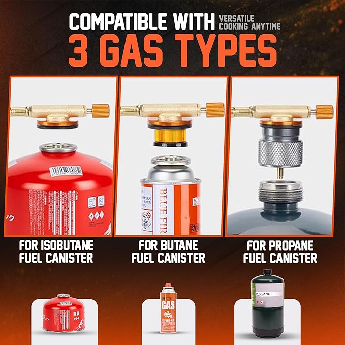 5000W Camping Stove, Backpacking Windproof Camp Stove with Piezo Ignition Carrying Case and 2 Additional Adapters, Compatable with Isobutane, Propane, Butane Tanks, Portable and Collapsible