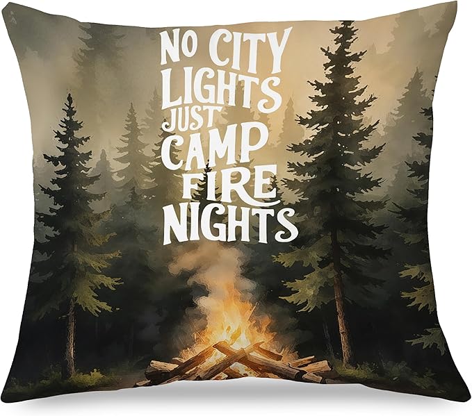Camper Camping Pillow Covers 18x18, Campsite RV Camping Decor for Inside, No City Lights Just Campfire Nights Woodland Forest Decorative Throw Pillow Covers for RV Campsite Camper
